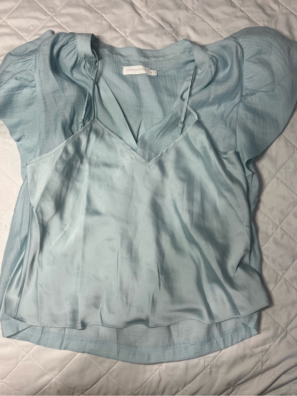 Jonathan Simkhai Light Blue V-Neck Satin Camisole with Flutter Sleeves